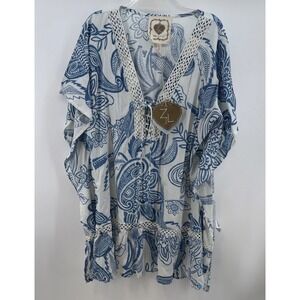 Z&L EUROPE KERALA PAISLEY-FLORAL PRNT CROCHET TRIMMED LACE-UP VNECK COVER UP L